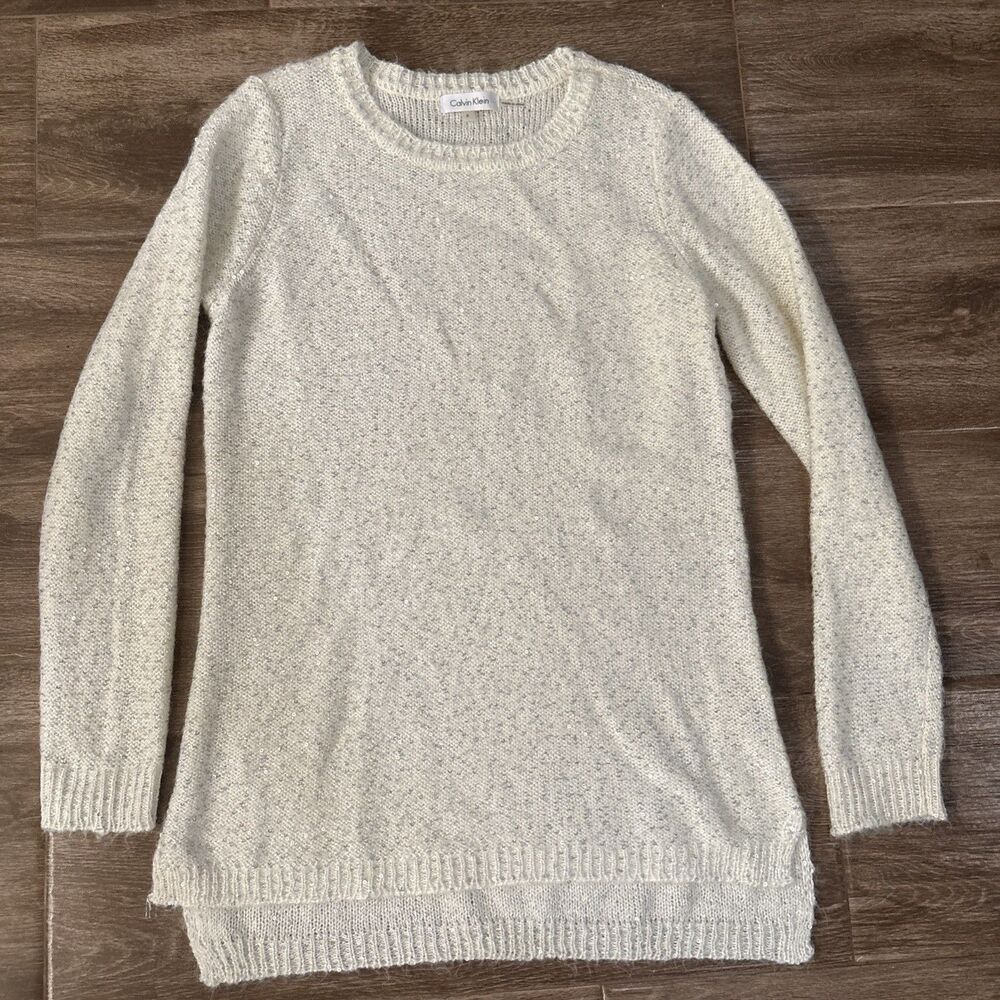 Calvin Klein Silver White Glittery Sweater Women's Size Small Longer Torso